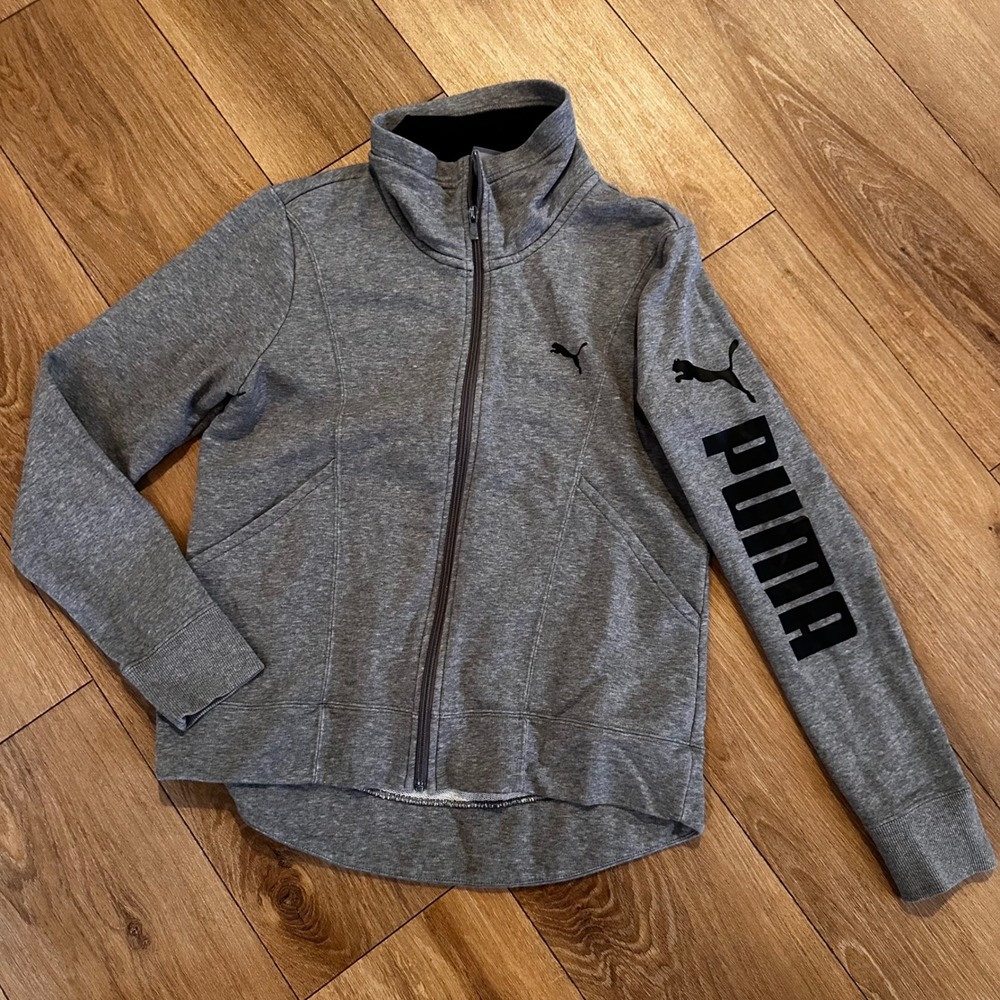 Puma Womens Full Zip Track Jacket Heather Gray Logo Sleeve 594434 Large
